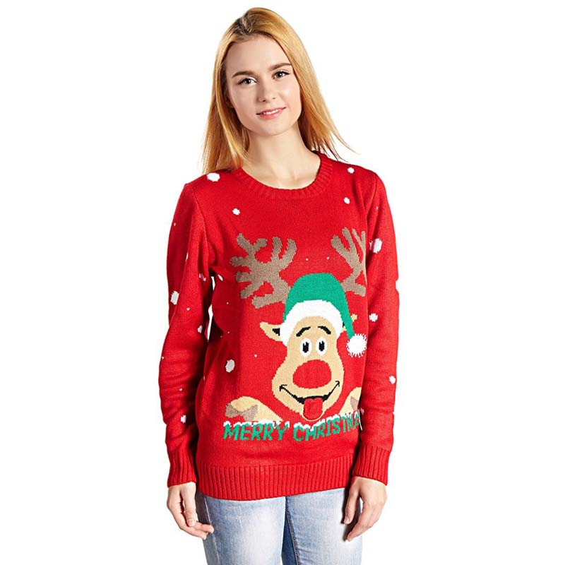 Red Christmas Sweater Pattern Round Neck